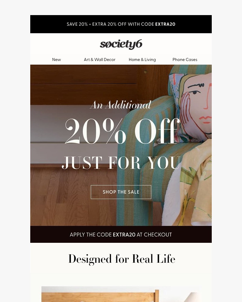 Screenshot of email sent to a Society6 Newsletter subscriber