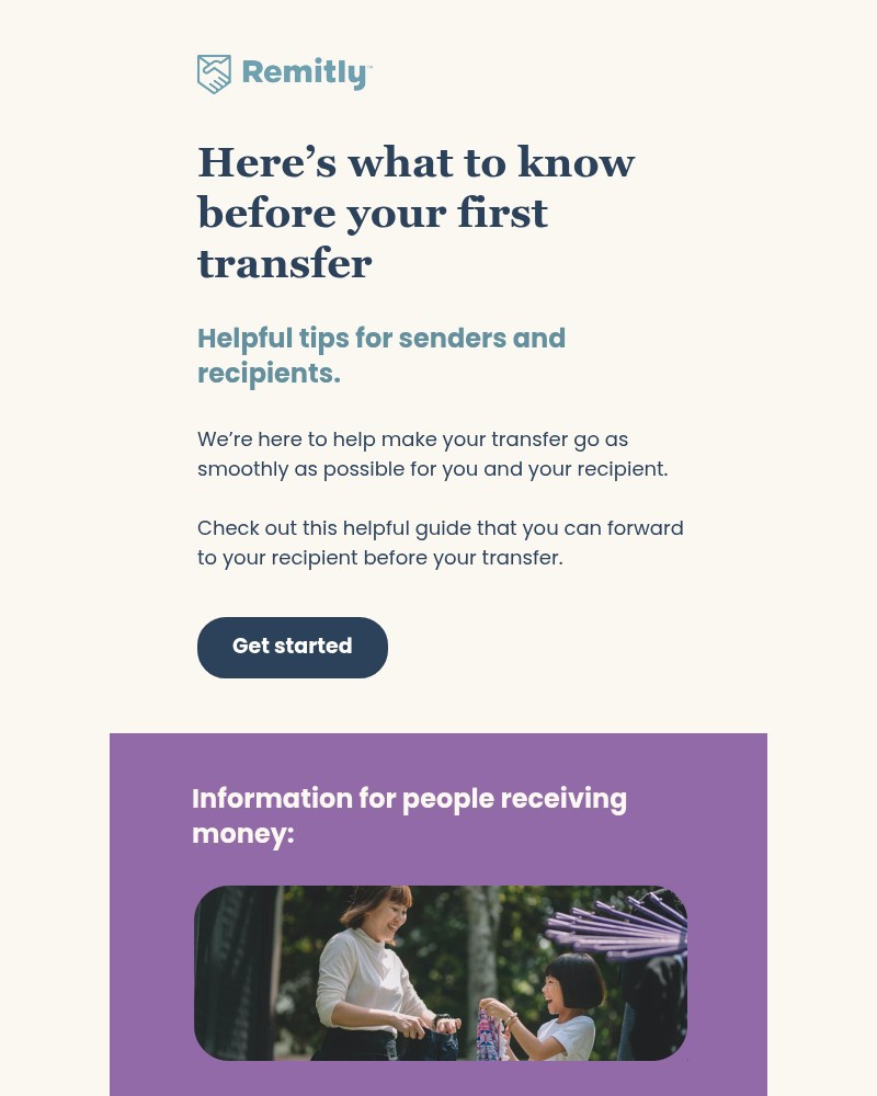 Screenshot of email sent to a Remitly Registered user