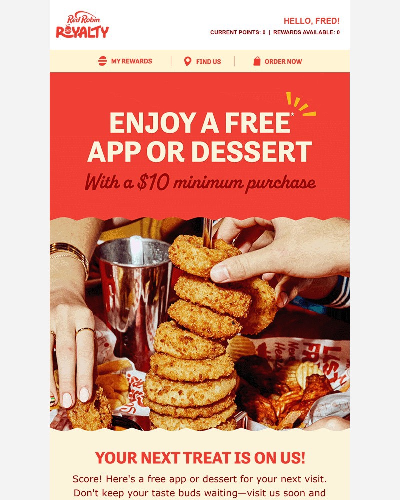 Screenshot of email sent to a Red Robin Registered user