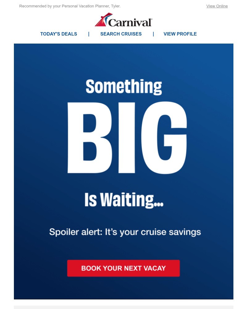 Screenshot of email sent to a Carnival Cruise Line Registered user