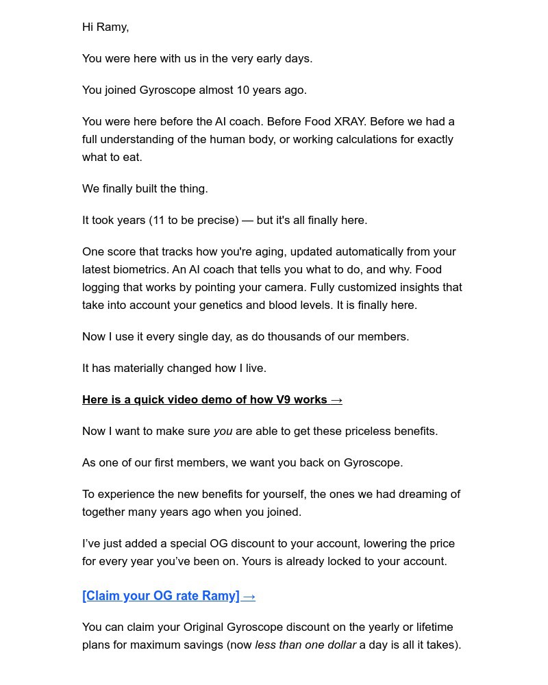 Screenshot of email sent to a Gyroscope Registered user