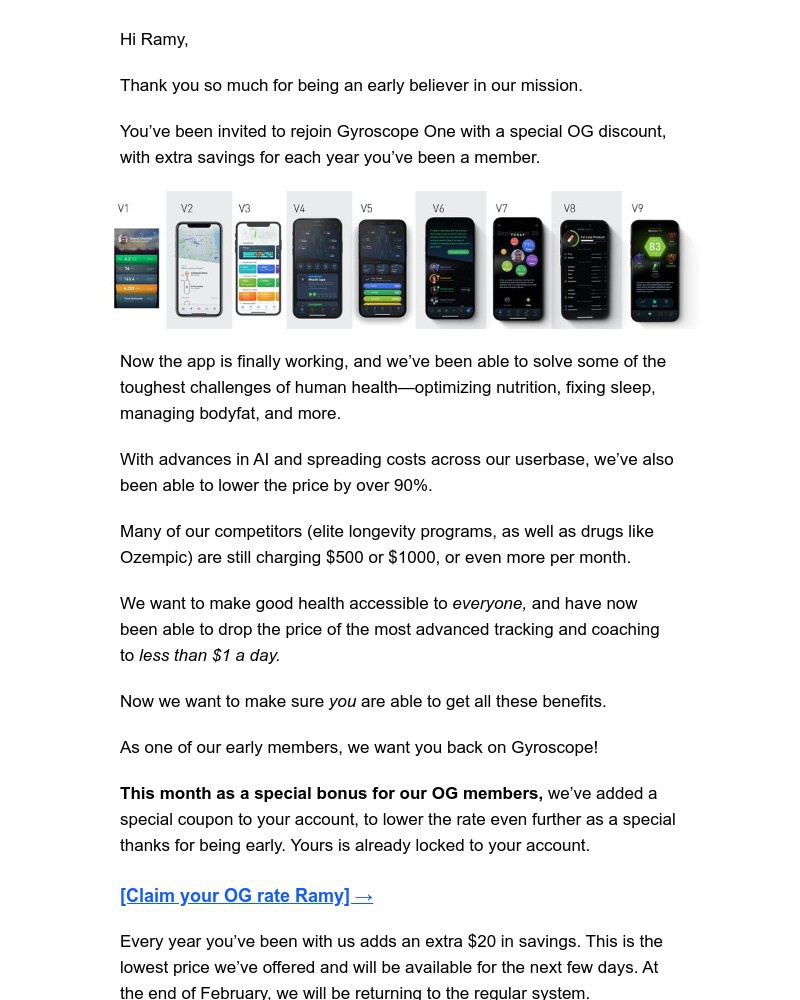 Screenshot of email sent to a Gyroscope Registered user